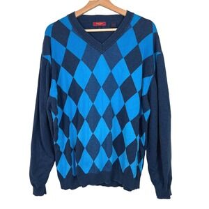 Austin Reed London Mens XL Argyle V-Neck Sweater Navy Blue 100% Cotton Pullover